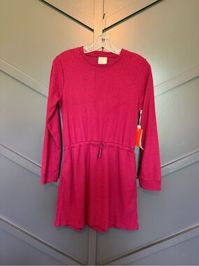☀️🌊 Freely Girls' Ribbed Long-Sleeve Dress with Drawstring - Maroon NWT